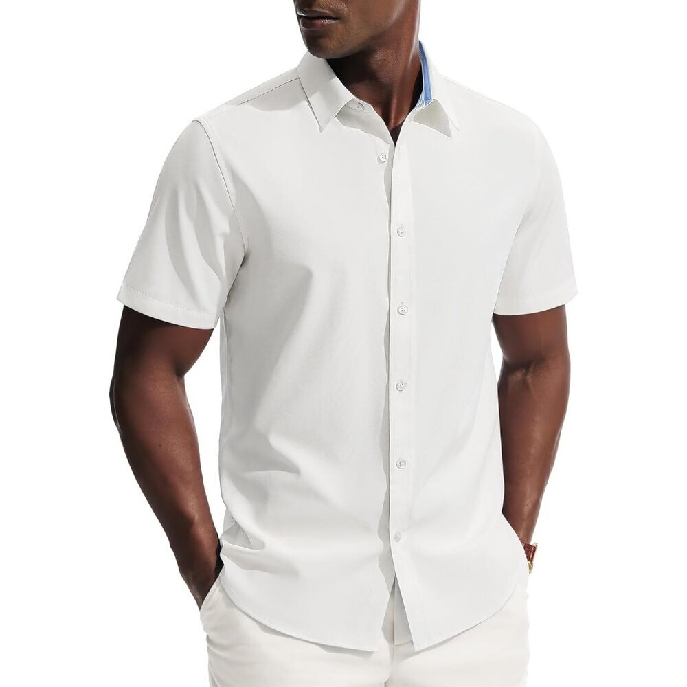 Men's White Short Sleeve Dress Stretch Wrinkle Free Untucked Shirts